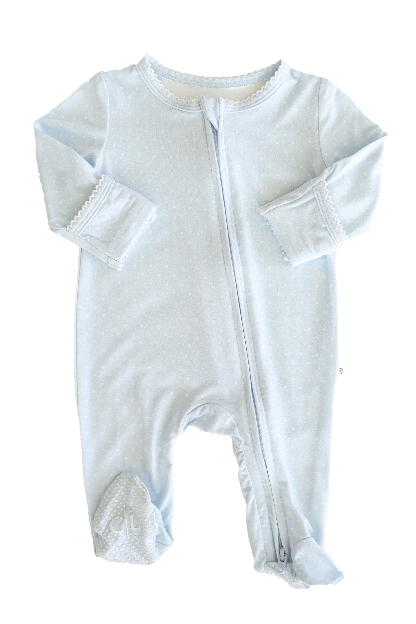 Picot Trim Bamboo Zipper Footie | Baby Blue