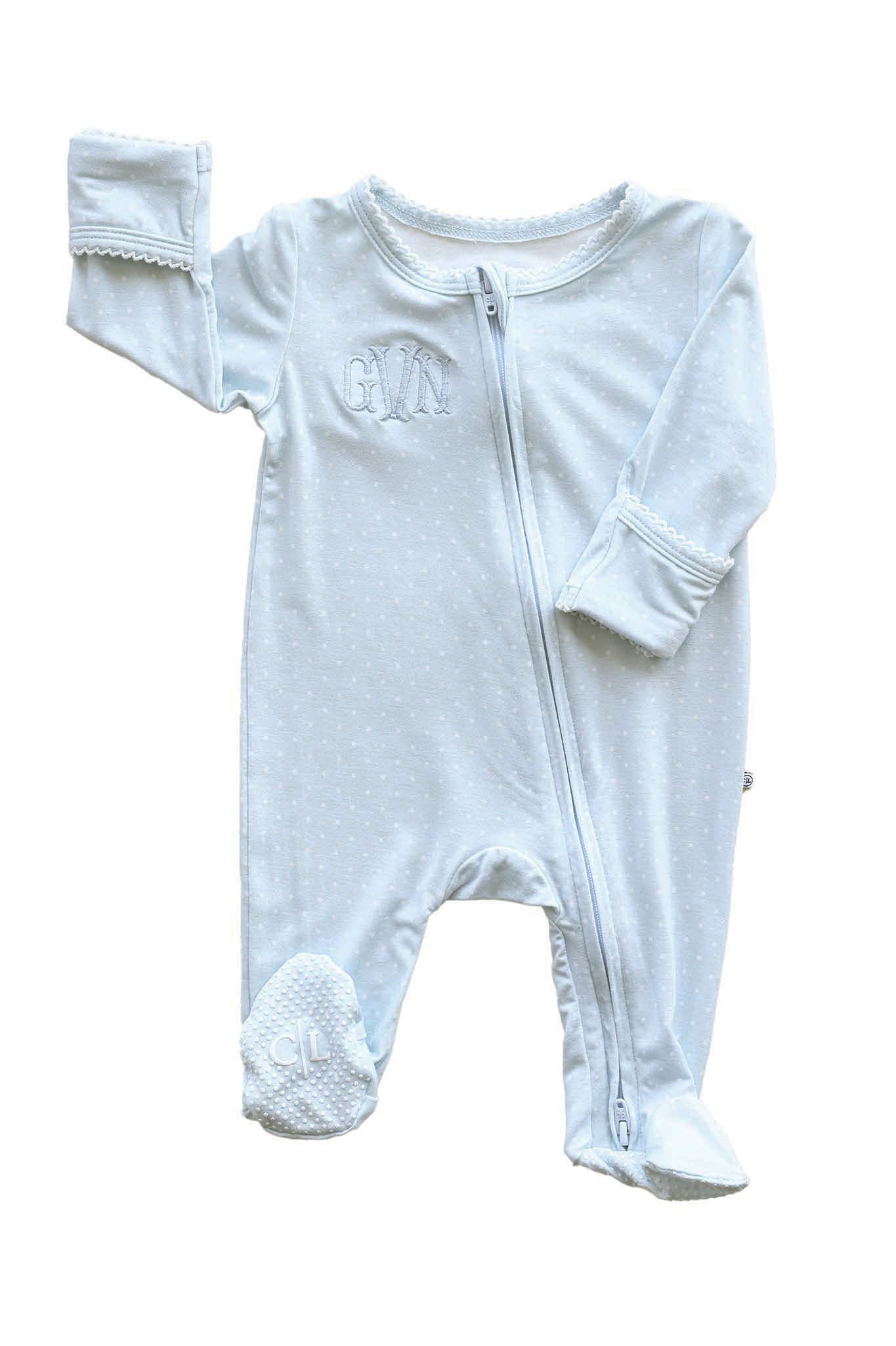 Picot Trim Bamboo Zipper Footie | Baby Blue