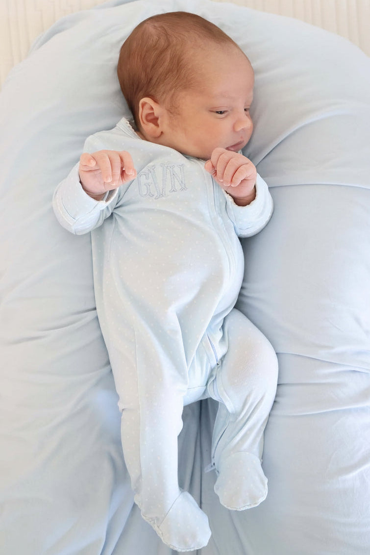 Picot Trim Bamboo Zipper Footie | Baby Blue