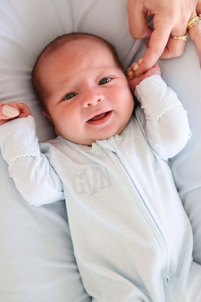 Picot Trim Bamboo Zipper Footie | Baby Blue