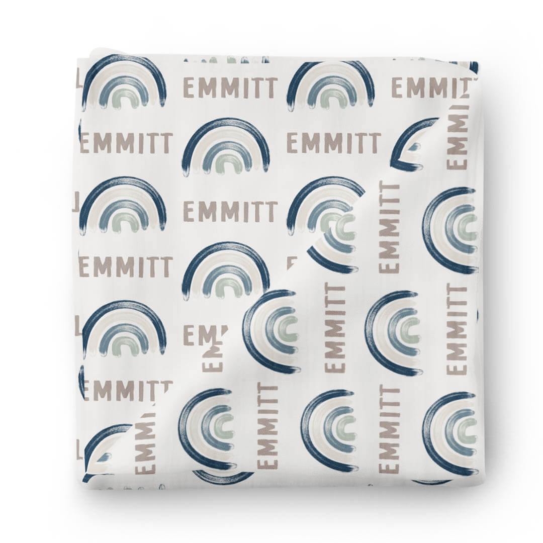 Brooks' Blue Rainbows Personalized Swaddle Blanket