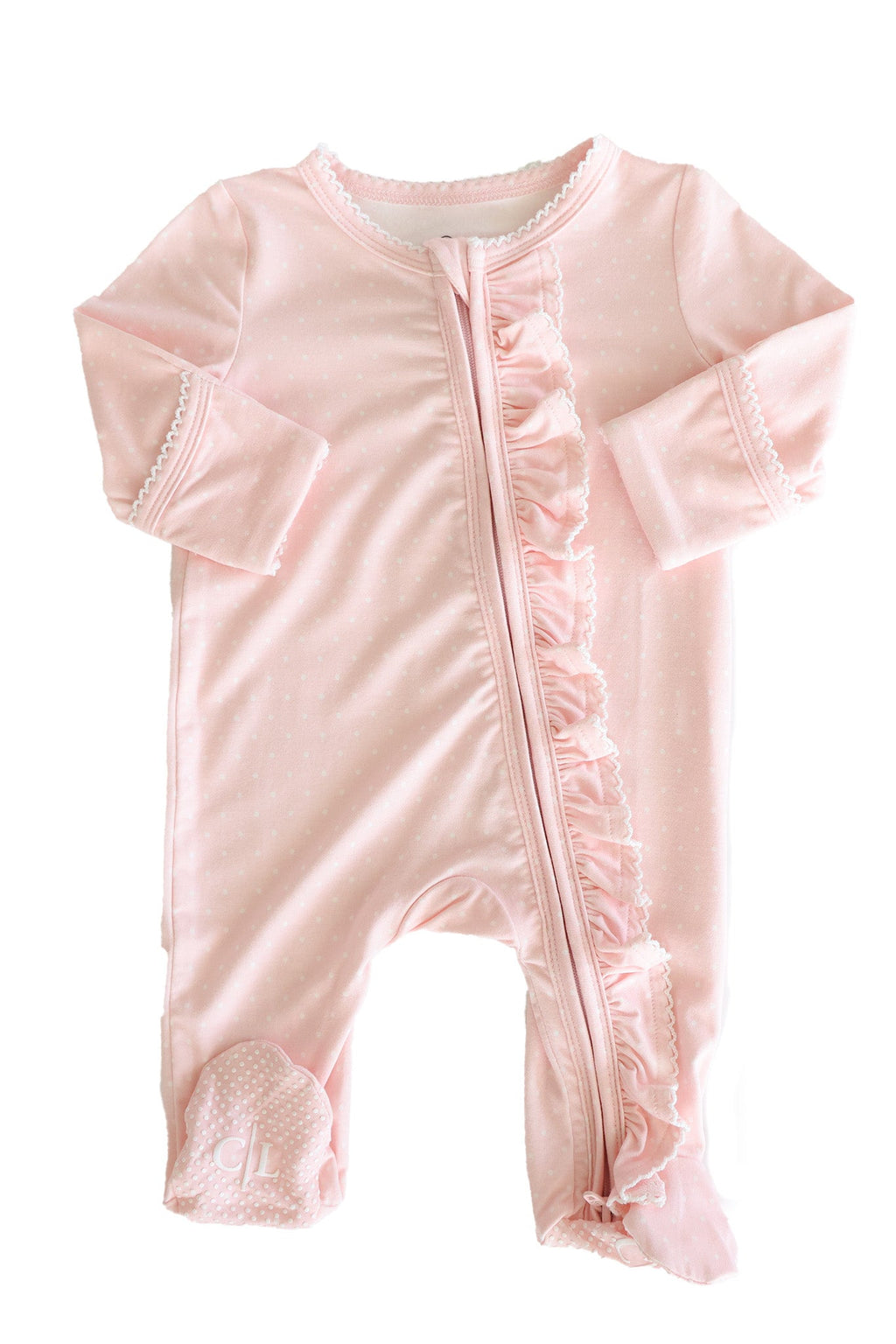 Picot Trim Bamboo Zipper Footie | Baby Pink
