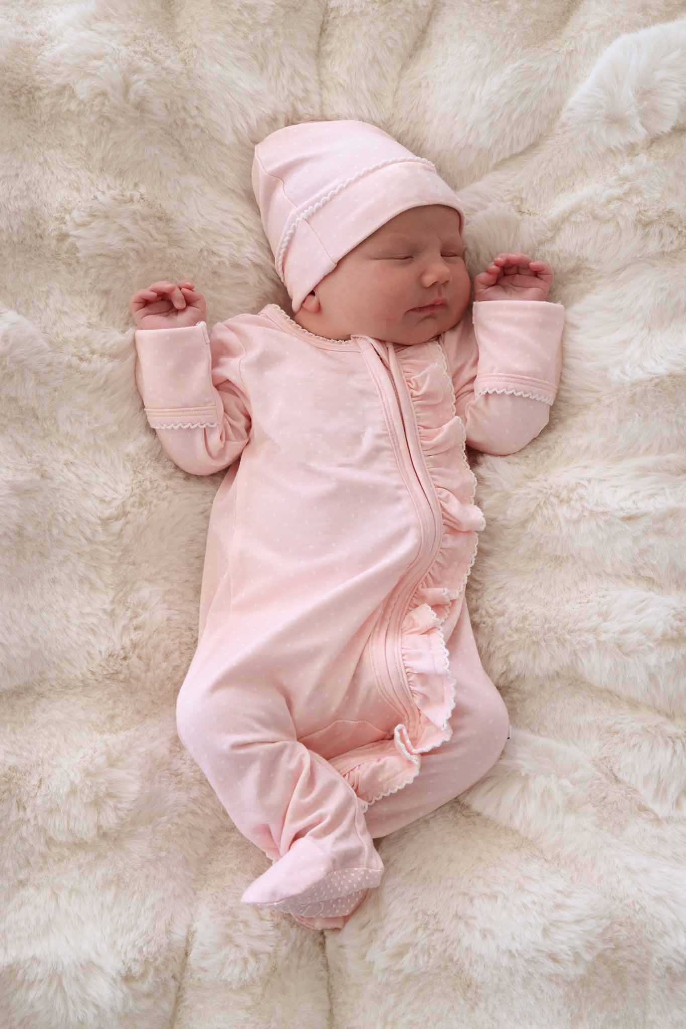 Picot Trim Bamboo Zipper Footie | Baby Pink