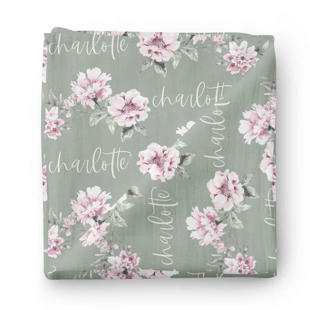 Saylor's Sage & Blush Floral Personalized Baby Name Swaddle