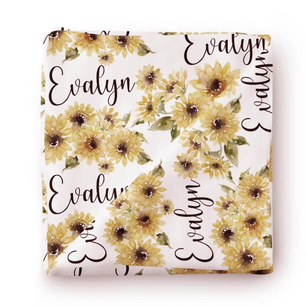 Savannah's Sunflowers Personalized Baby Name Swaddle Blanket