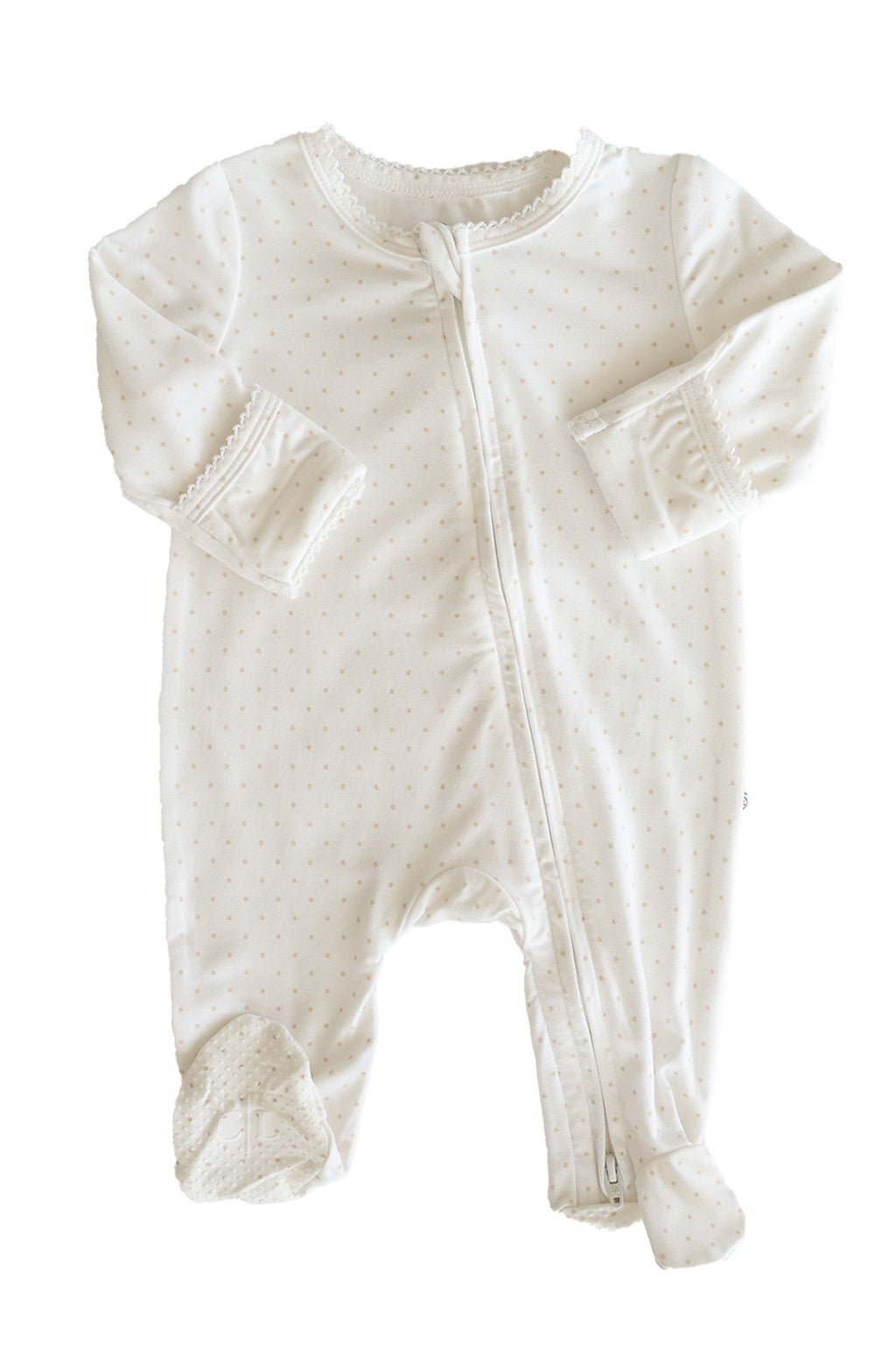 Picot Trim Bamboo Zipper Footie | Baby Taupe