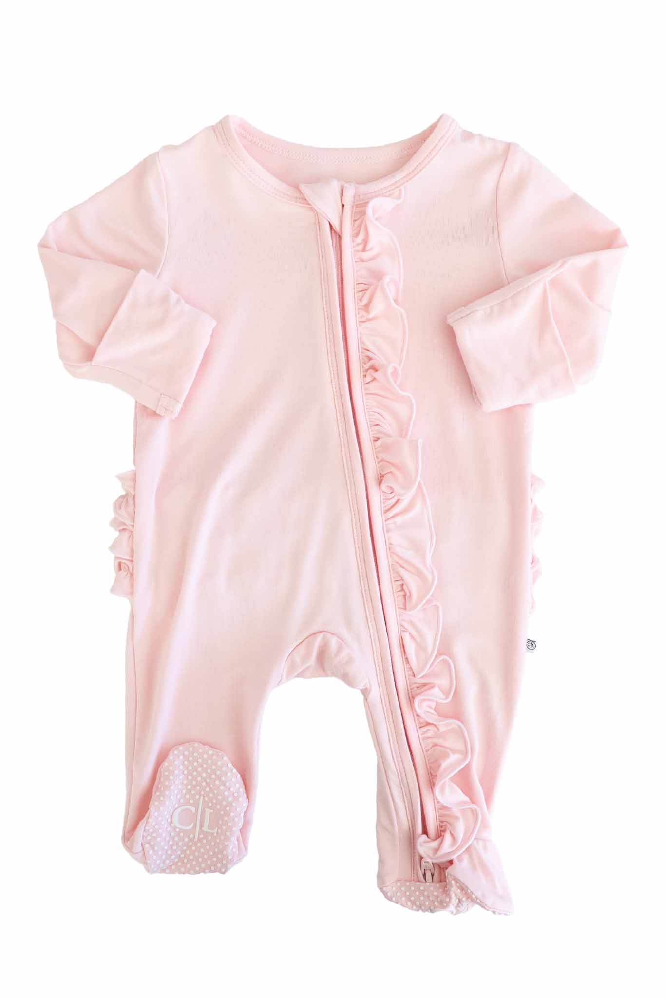 Baby Pink Bamboo Ruffle Zipper Footie