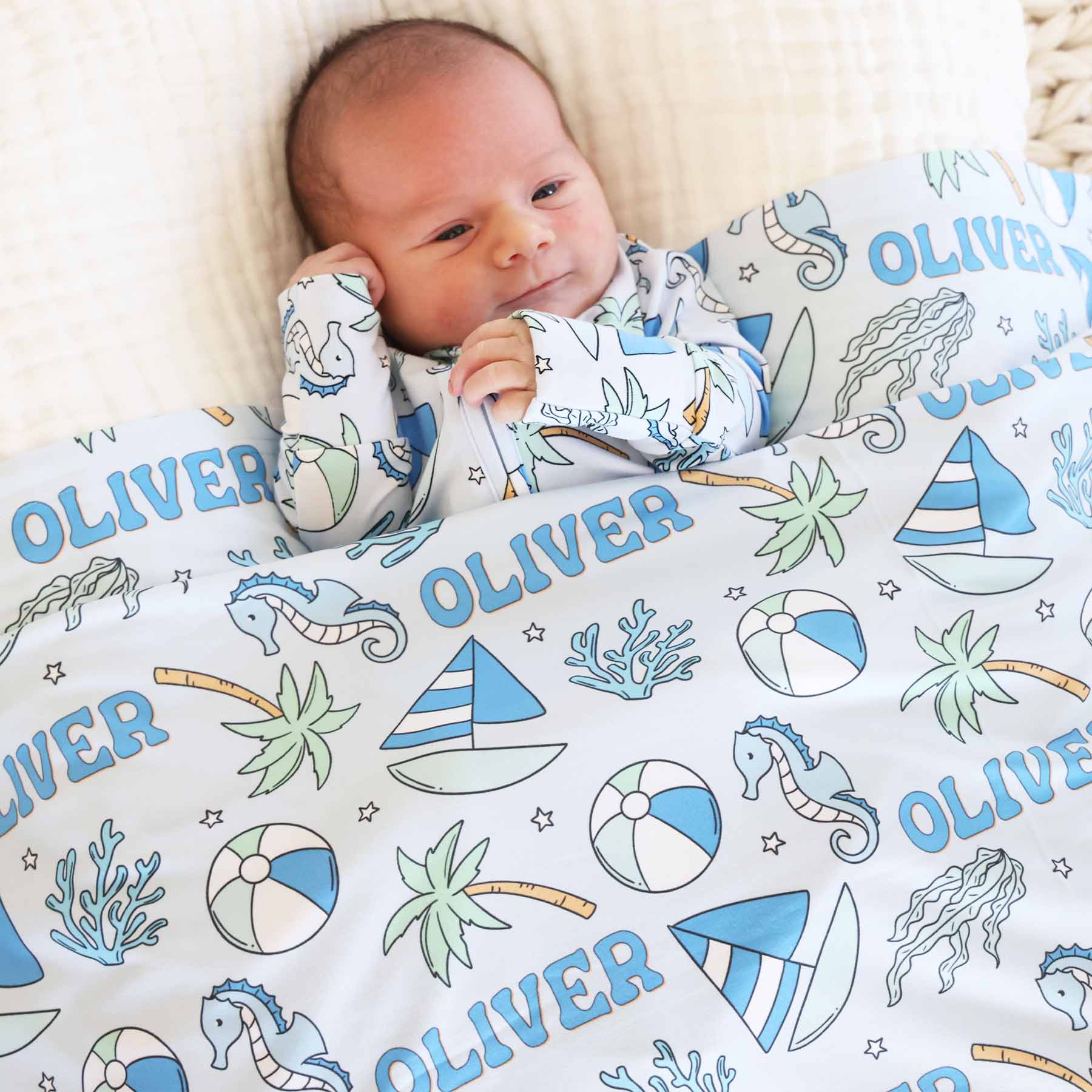 Tiny Tides Personalized Swaddle Blanket | Blue