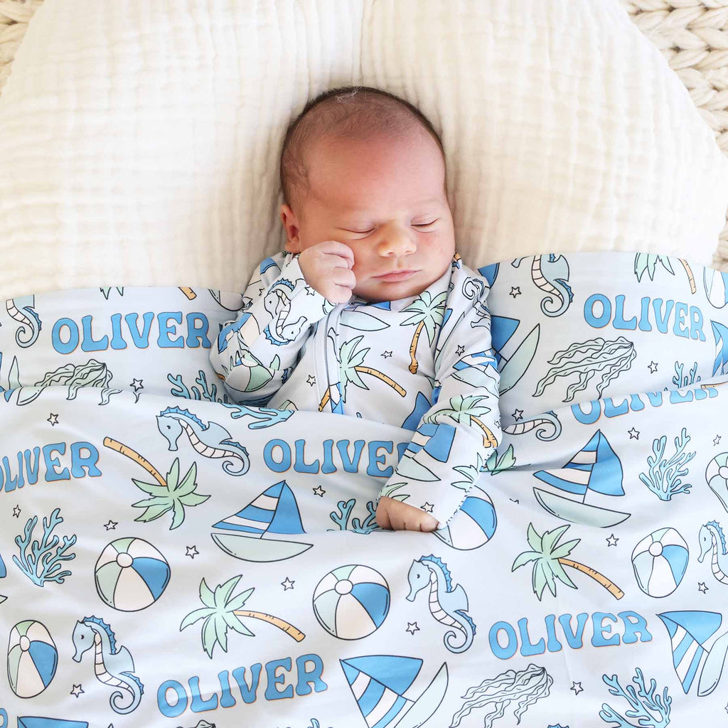 Tiny Tides Personalized Swaddle Blanket | Blue