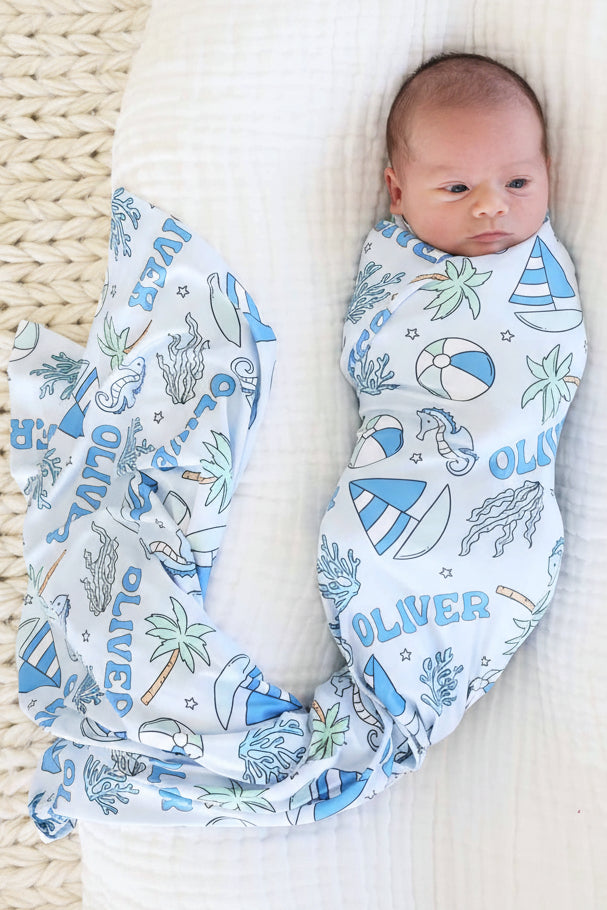 Tiny Tides Personalized Swaddle Blanket | Blue