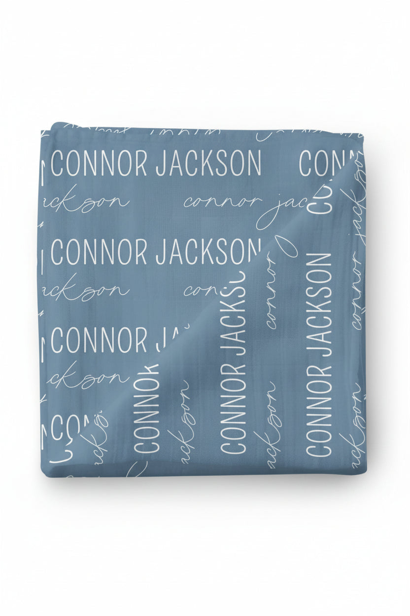 Personalized Dusty Blue Baby Name Swaddle Blanket - Block & Script