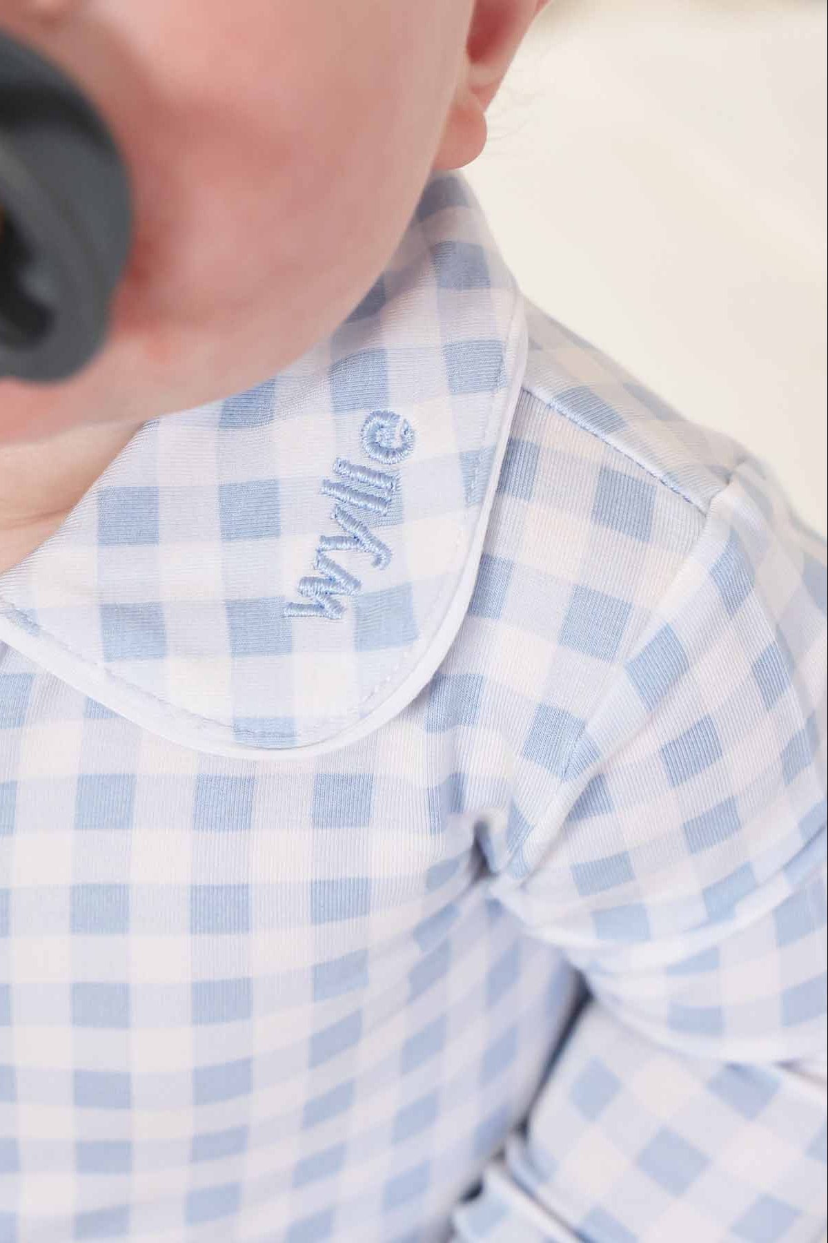 Peter Pan Collar Zipper Footie | Dusty Blue Gingham