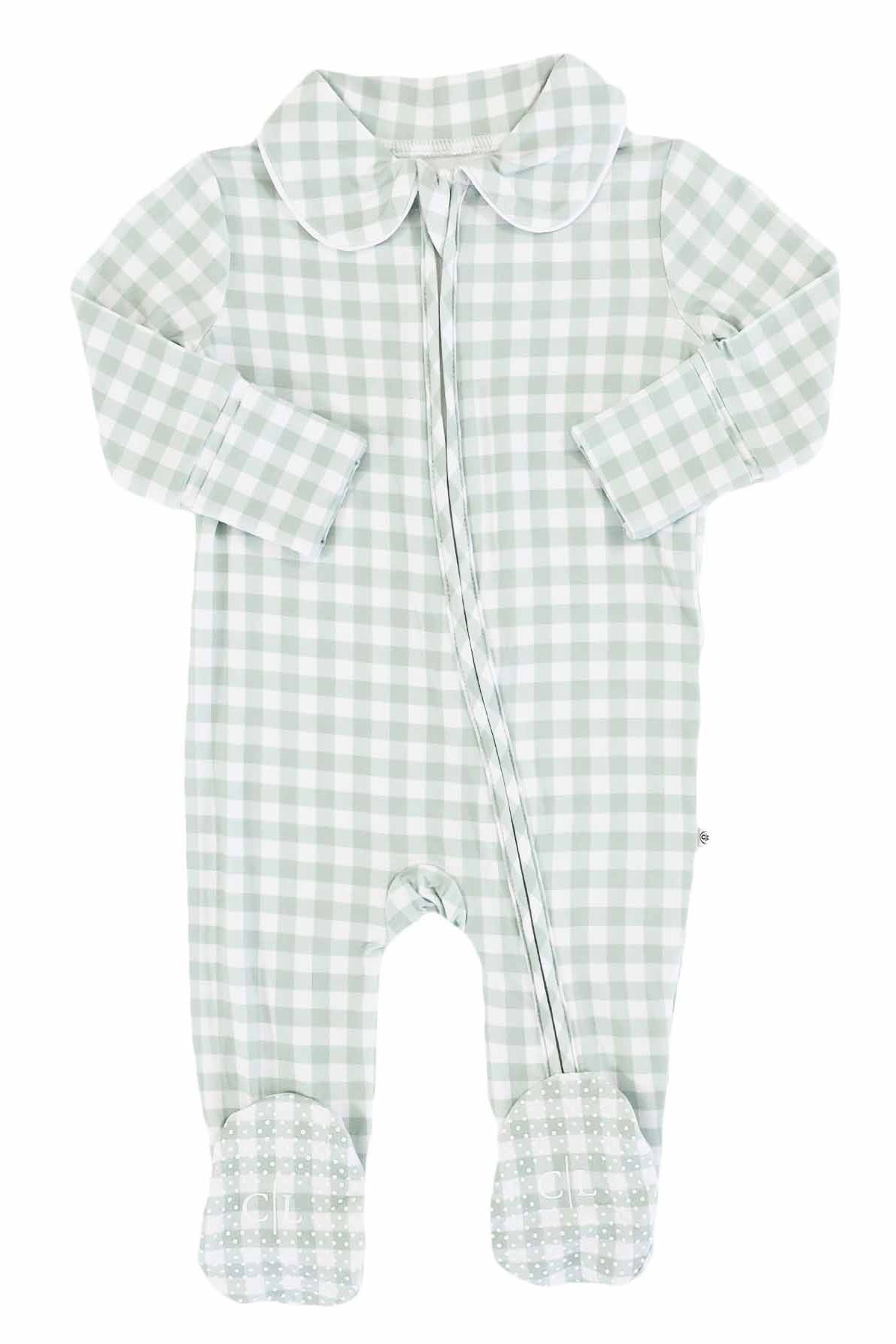 Peter Pan Collar Zipper Footie | Moss Gingham