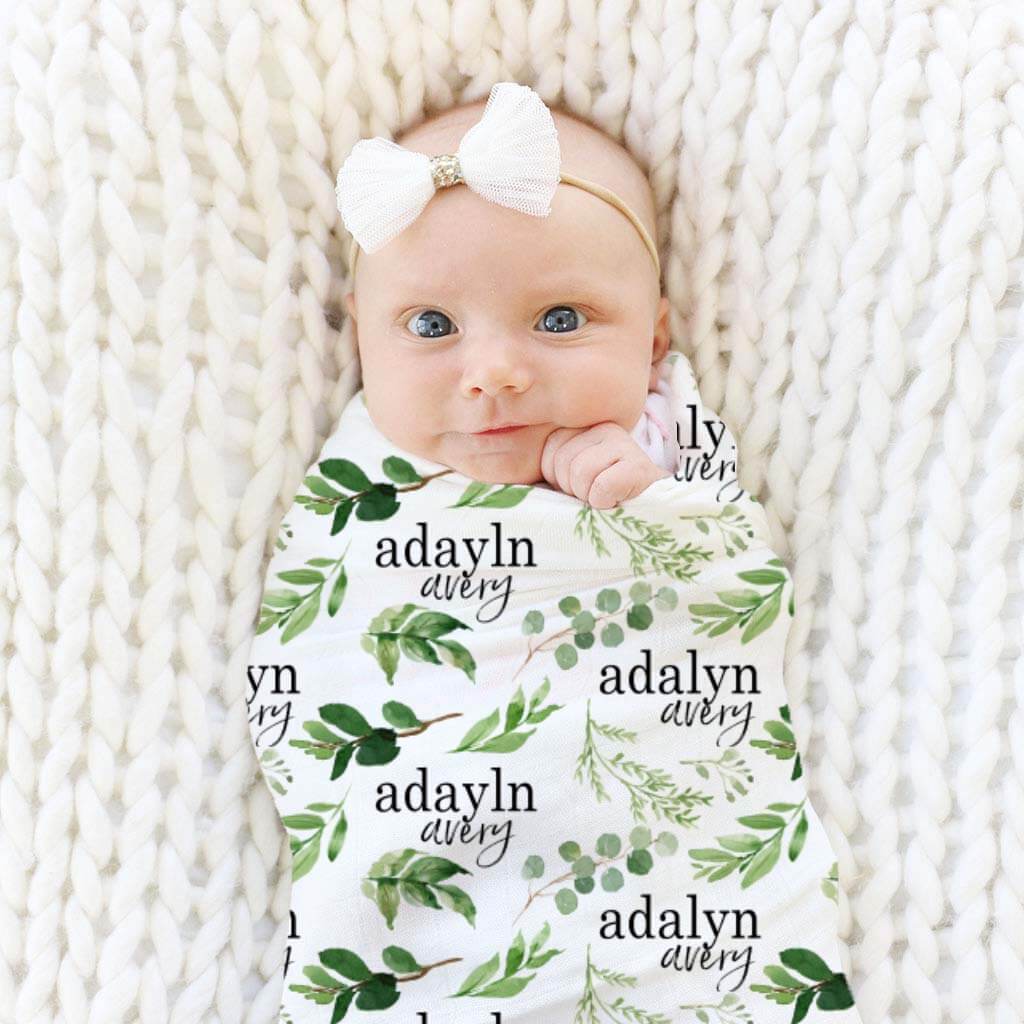 Leafy Greenery Personalized Baby Name Swaddle Blanket