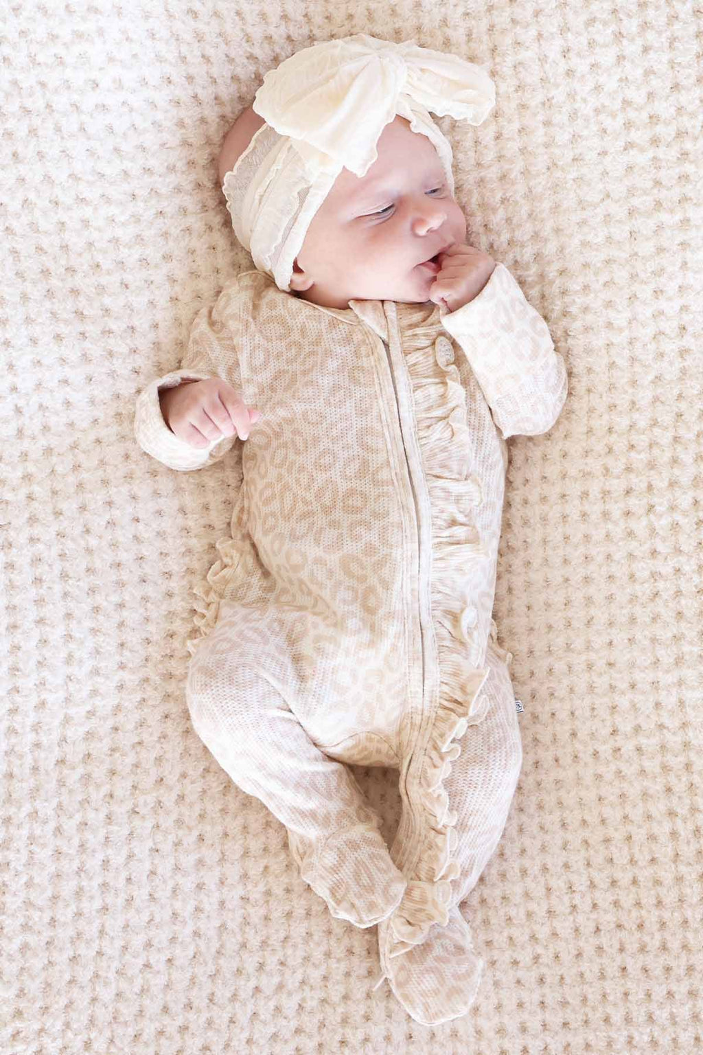 Lovely Leopard Bamboo Waffle Ruffle Zipper Footie