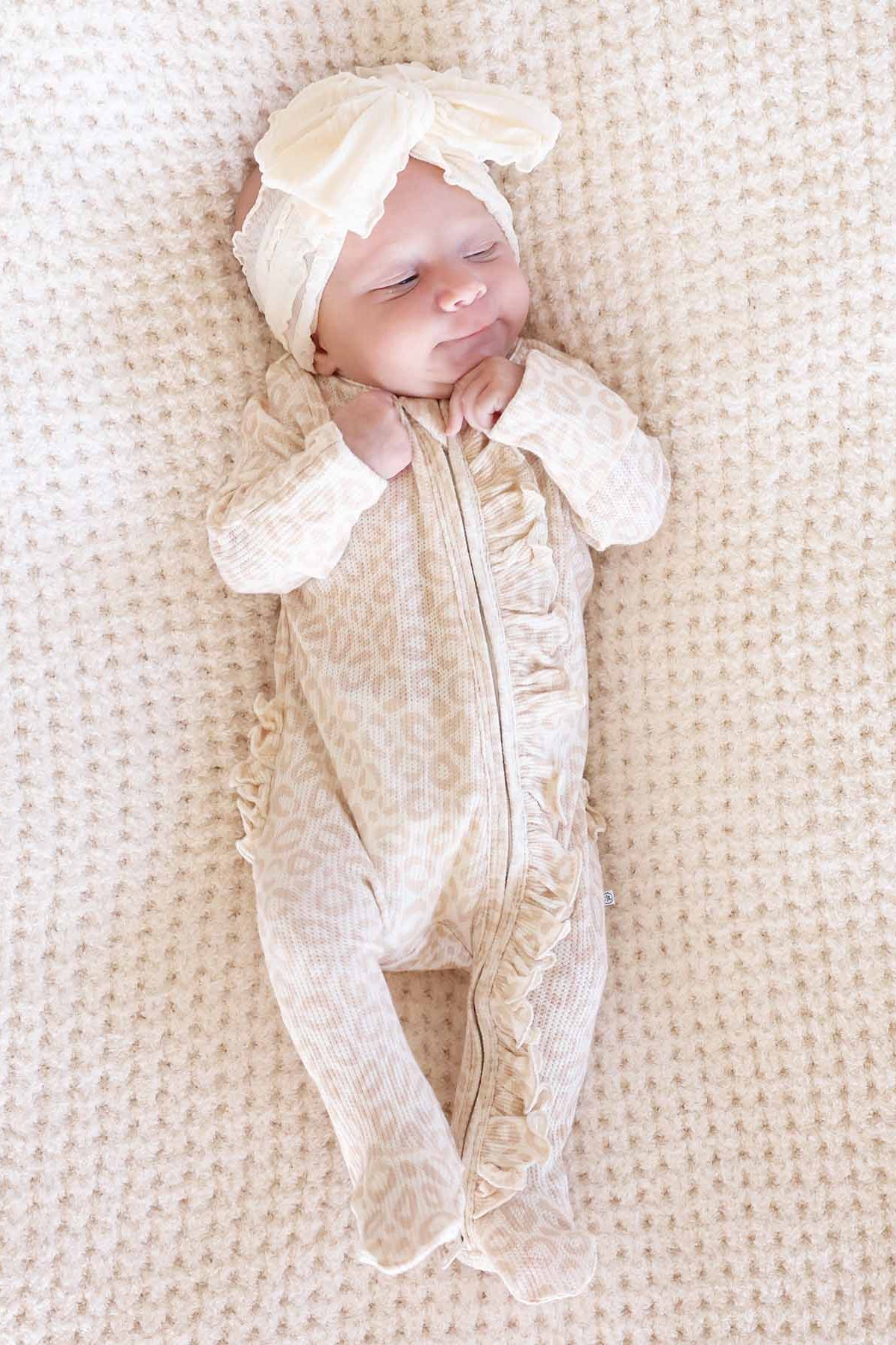Lovely Leopard Bamboo Waffle Ruffle Zipper Footie
