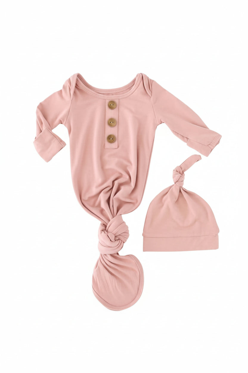 Solid Mauve Bamboo Baby Knot Gown & Hat