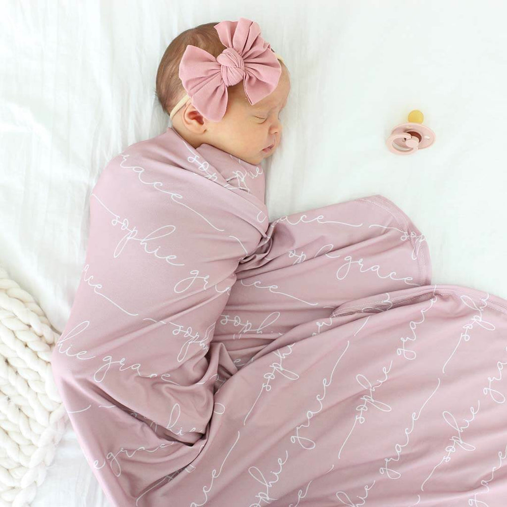 Personalized Mauve Baby Name Swaddle Blanket - Script