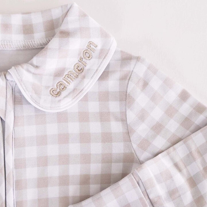 Peter Pan Collar Zipper Footie | Taupe Gingham