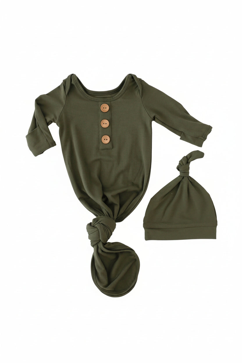 Solid Olive Bamboo Baby Knot Gown & Hat