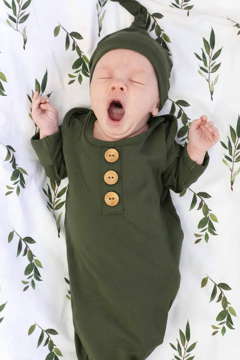 Solid Olive Bamboo Baby Knot Gown & Hat