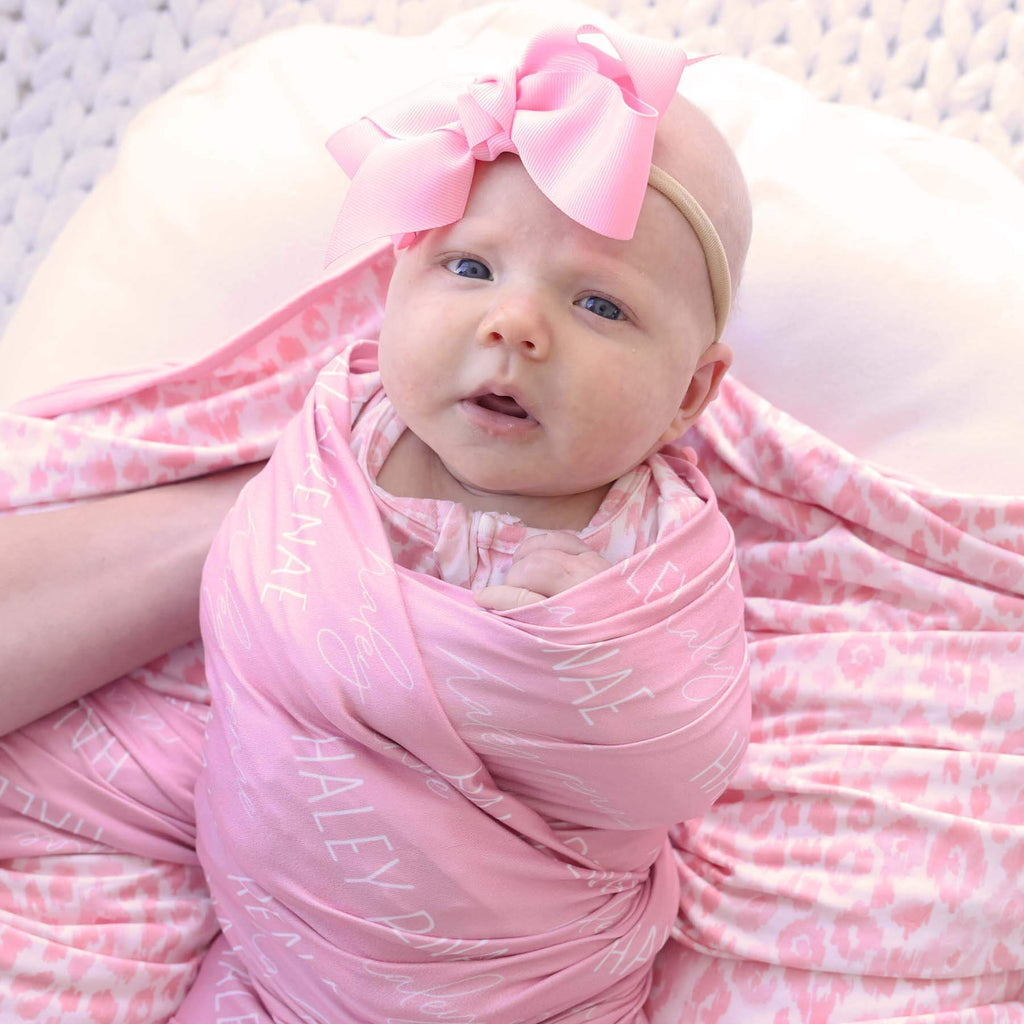 Personalized Tickle Me Pink Baby Name Swaddle Blanket - Block & Script