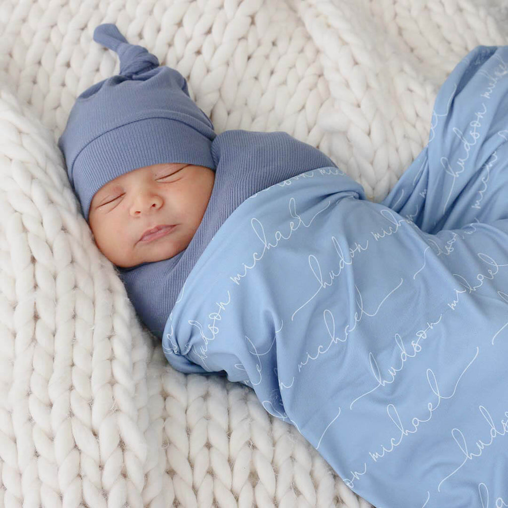 Personalized Powder Blue Baby Name Swaddle Blanket - Script