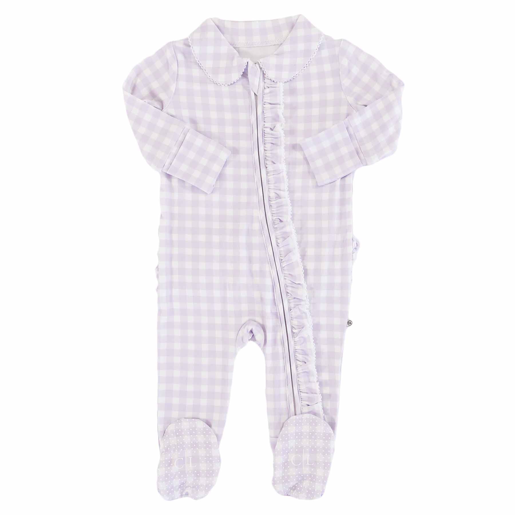 Peter Pan Collar Ruffle Zipper Footie | Lilac Gingham