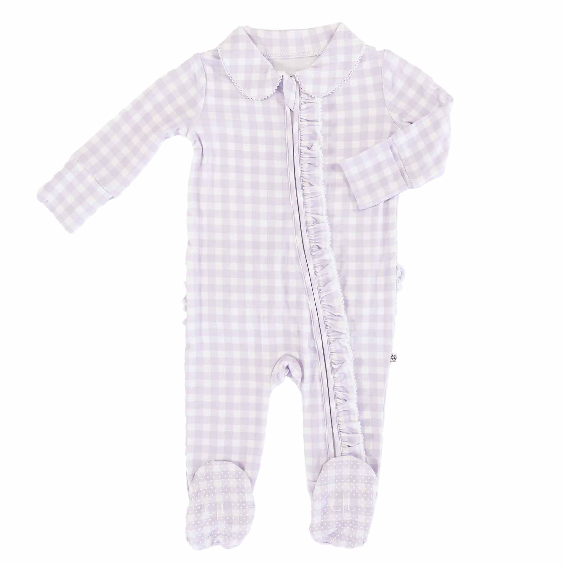 Peter Pan Collar Ruffle Zipper Footie | Lilac Gingham