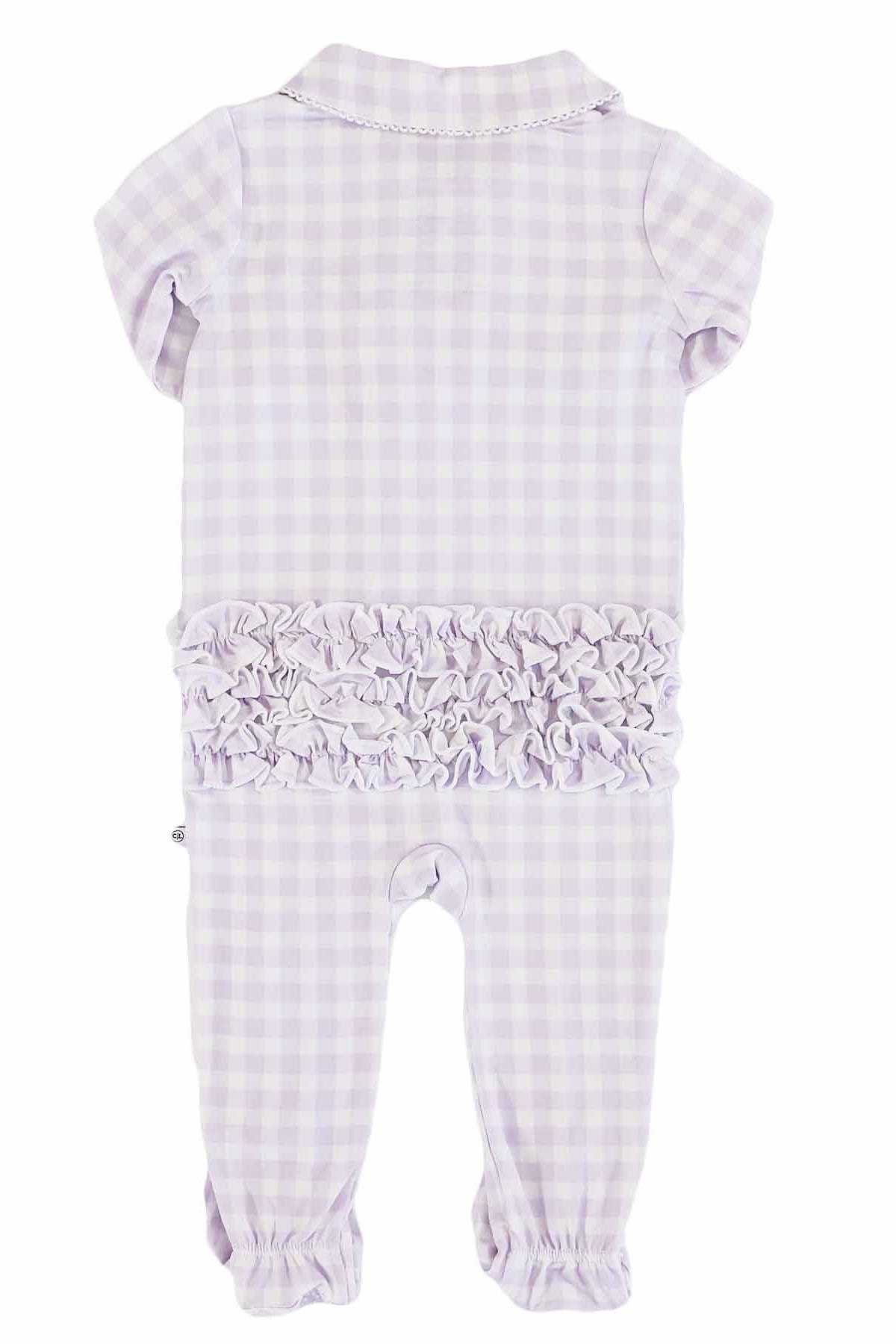 Peter Pan Collar Ruffle Zipper Footie | Lilac Gingham