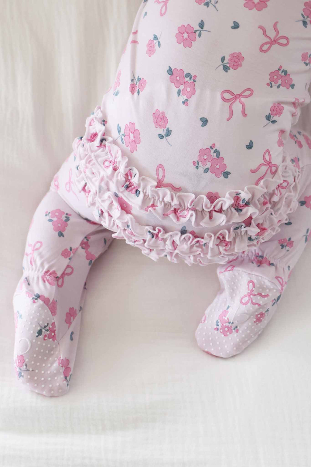 Ribbon & Roses Ruffle Zipper Footie | Pink