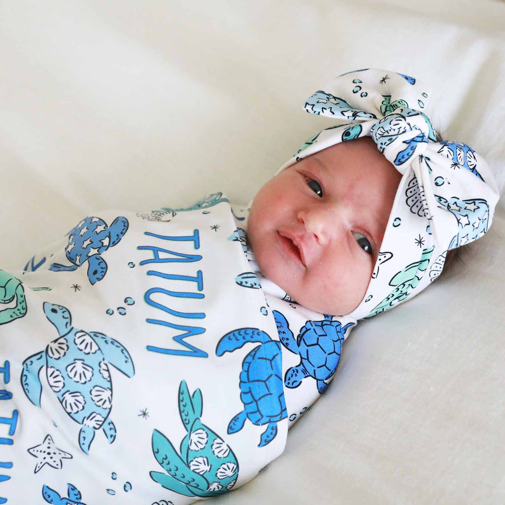Sea Turtle Splash Personalized Swaddle Blanket