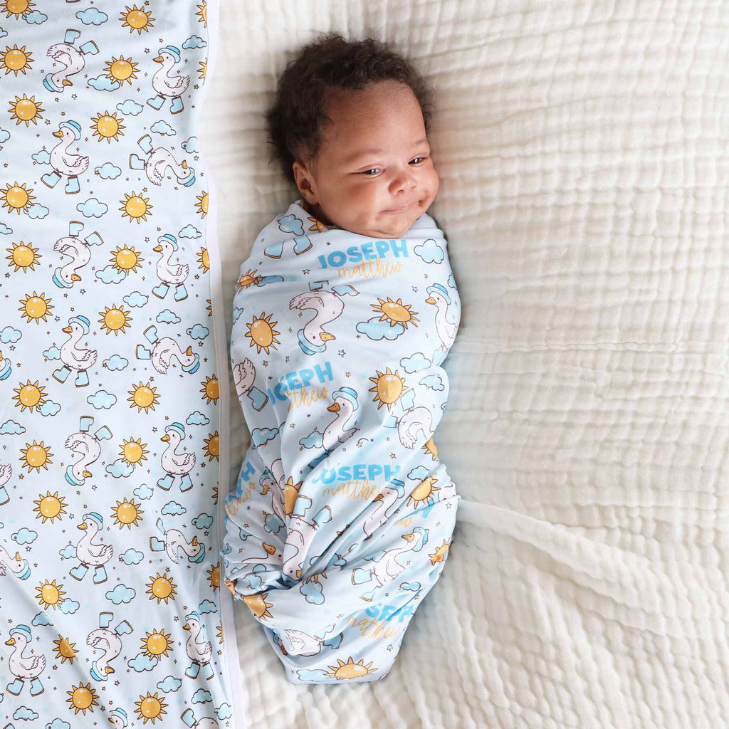 Silly Goose Personalized Swaddle Blanket | Blue