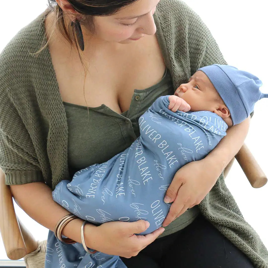 Personalized Steel Blue Baby Name Swaddle Blanket | Block Script